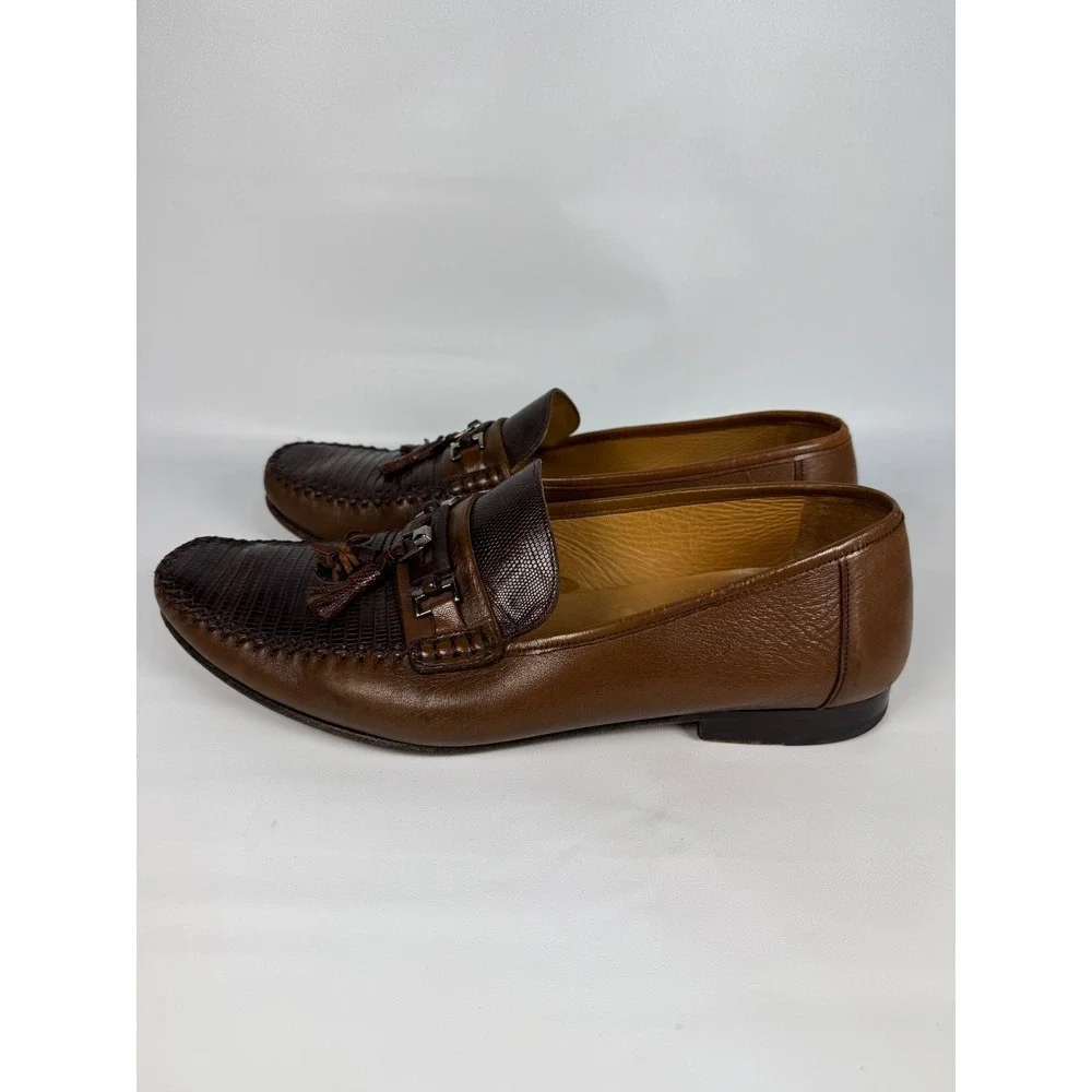 Mezlan Cafaro Brown Genuine Lizard Leather Tassel Loafer Shoes‎ Mens Size 10
